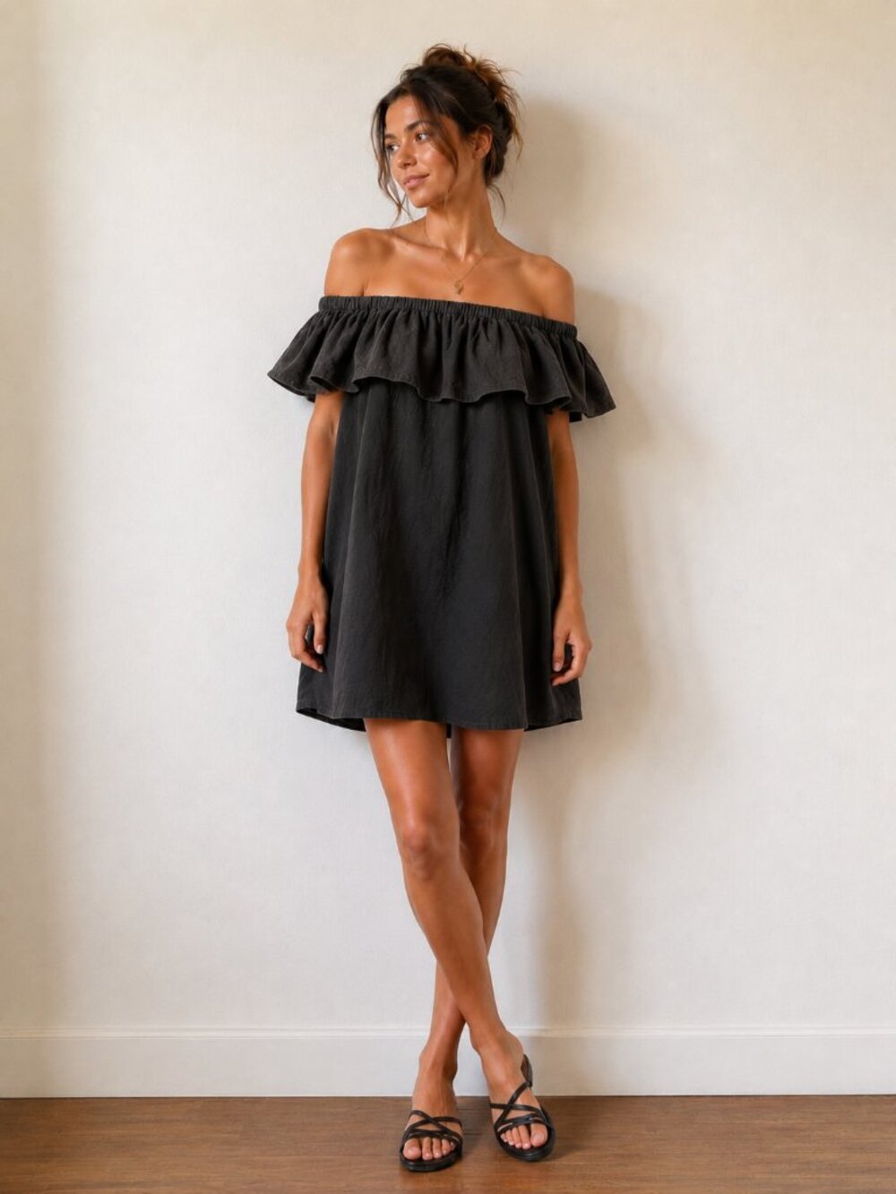 Line & Dot Black Off Shoulder Linen Dress | Boho Babydoll Mini Dress
